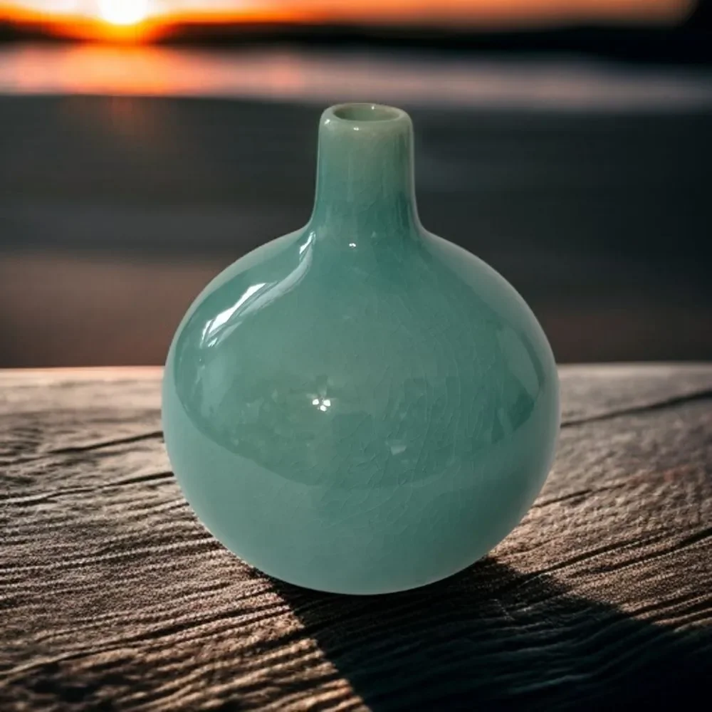 Crate & Barrel Bud Vase Perry Aqua Round Ball Ikebana Coastal‎ Beach House Farm.